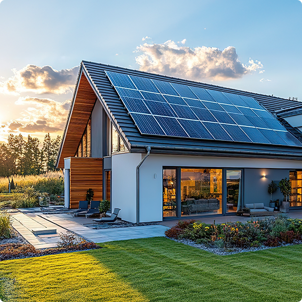 Modernes Haus mit Solarmodulen, umgeben von einem wunderschön angelegten Garten